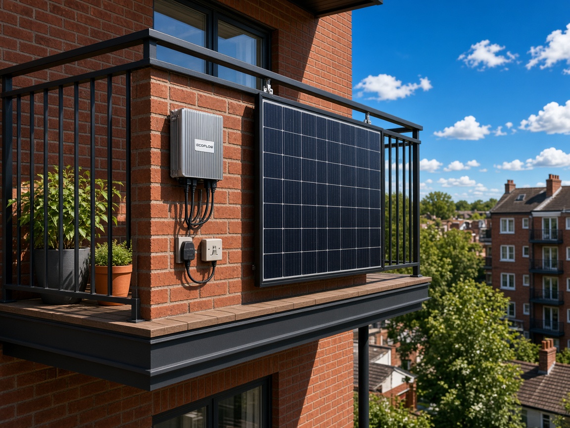 Balcony Kit: one 800W panel hanging over the edge of an apartment balcony with EcoFlow STREAM