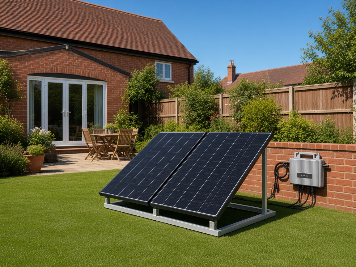 Ground-mounted 800W solar pair and EcoFlow STREAM in a sunny UK rear garden