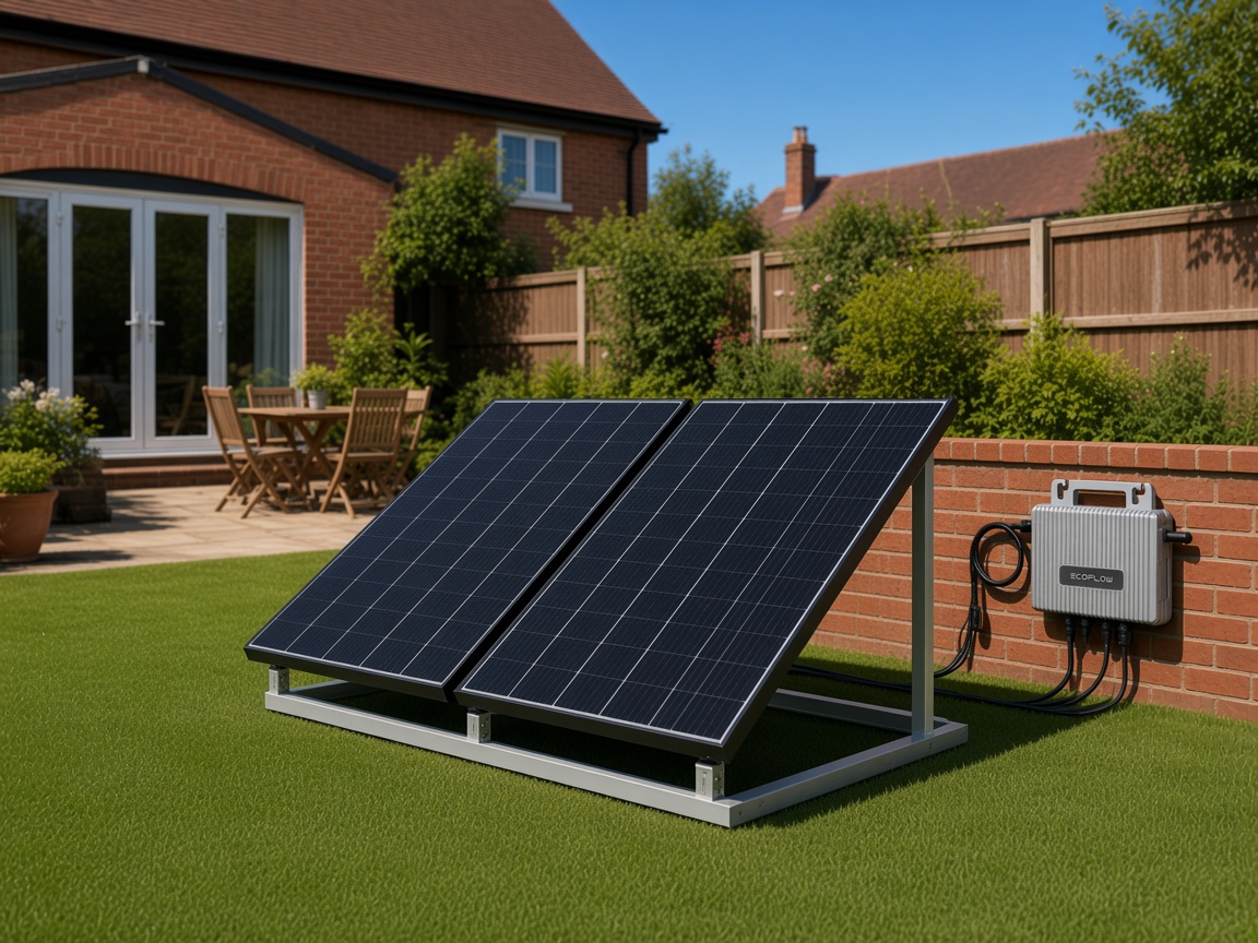 Home Kit: two 800W panels and EcoFlow STREAM ground-mounted on a grassy lawn
